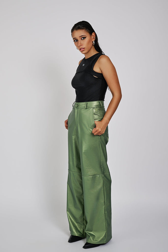Metallic Leather Pants Olive Green